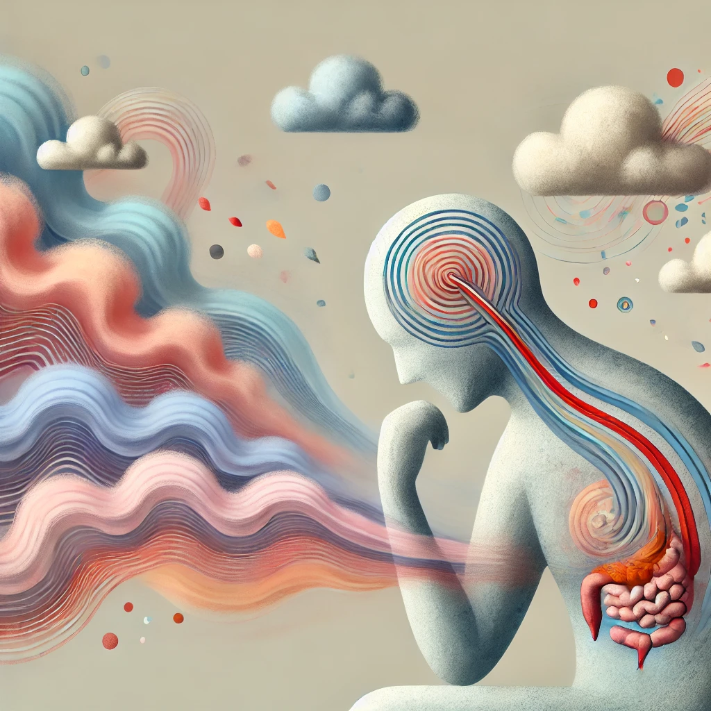 ALT:зображення, яке метафорично передає ідею: пригнічені або нерозпізнані емоції можуть проявлятись у тілі як соматичні симптоми — зокрема, головний біль (контроль) і біль у шлунку (труднощі з емоційним «перетравленням»).