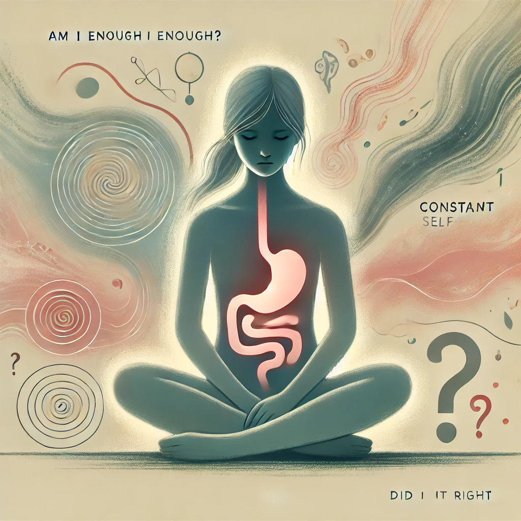 ALT: ілюстрація, яка передає ідею: з дитинства дитина вчиться бути «хорошою», пригнічуючи справжні емоції, що з часом накопичуються у вигляді психосоматичних симптомів — зокрема, в області кишківника.