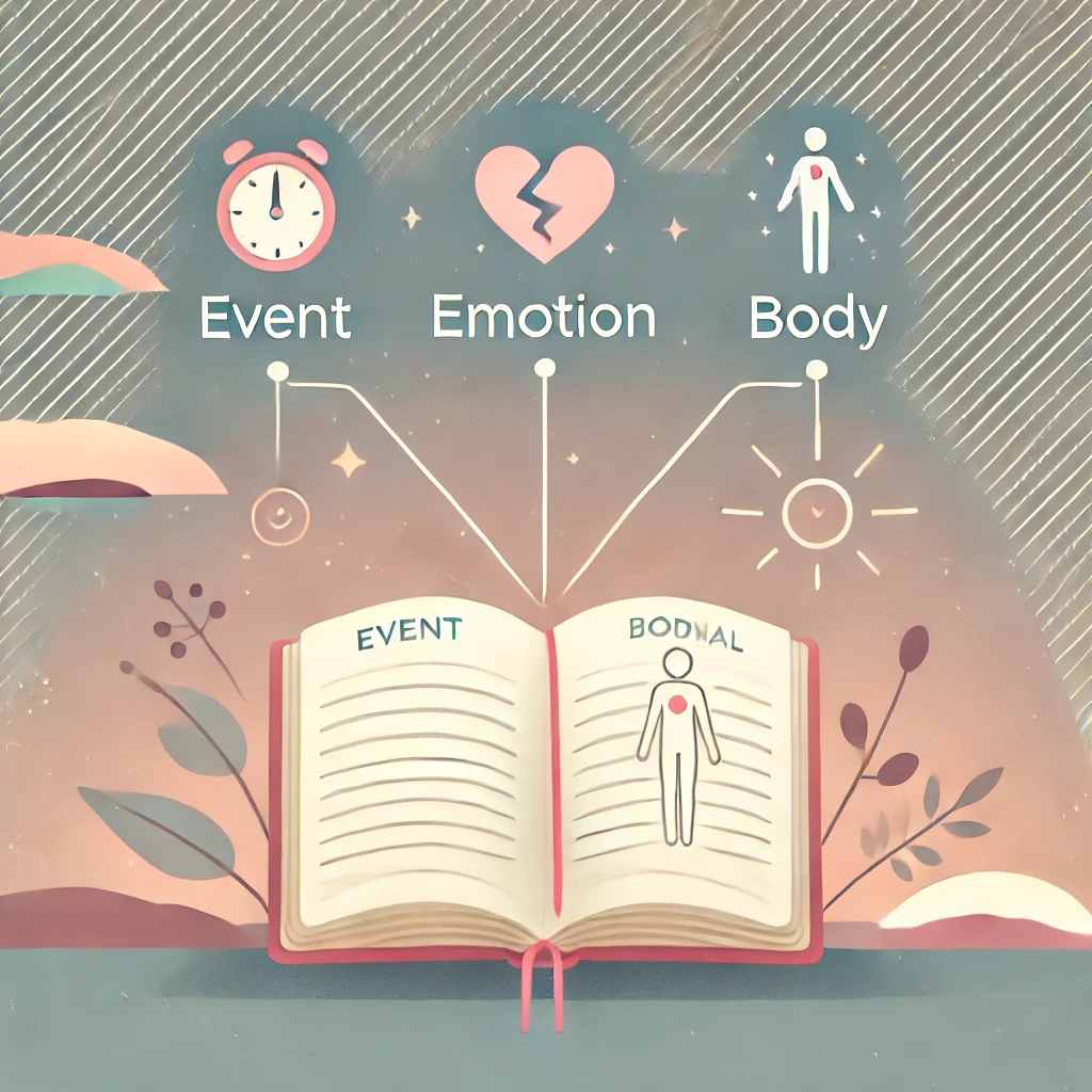 ALT: зображення до теми щоденника «подія–емоція–тіло» - простого, але глибокого інструменту для повернення відчуття керованості. Візуально підкреслено зв’язок між тим, що сталося, як це відчувається емоційно, і як це проявляється в тілі.