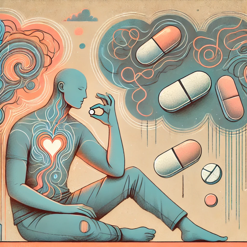 ALT: зображення, яке символізує ідею, що знеболювальні таблетки не завжди допомагають, якщо справжня причина болю — емоційна чи психічна. Таблетка зображена як тимчасове полегшення, тоді як глибинний біль залишається.